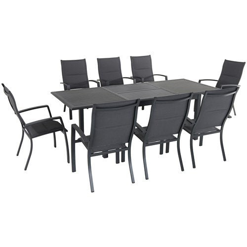 Hanover - Cameron 9pc: 8 High Back Padded Sling Chairs, 63-94" Aluminum Extension Table - Gray/Gray-United Backyard