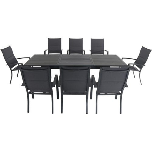 Hanover - Cameron 9pc: 8 High Back Padded Sling Chairs, 63-94" Aluminum Extension Table - Gray/Gray-United Backyard