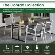 Hanover - Conrad 5pc Dining Set: 4 Alum Sling Chairs and Folding Table - White/Gray-United Backyard
