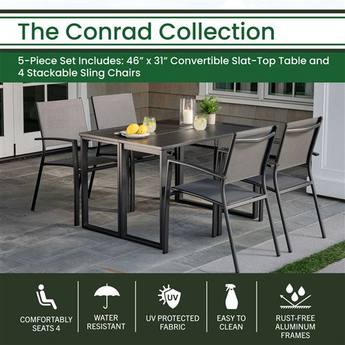 Hanover - Conrad 5pc Dining Set: 4 Aluminum Sling Chairs and Folding Table - Gray-United Backyard