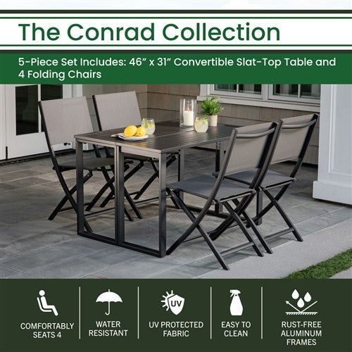 Hanover - Conrad 5pc Dining Set: 4 Sling Folding Chairs and Folding Table - Gray-United Backyard