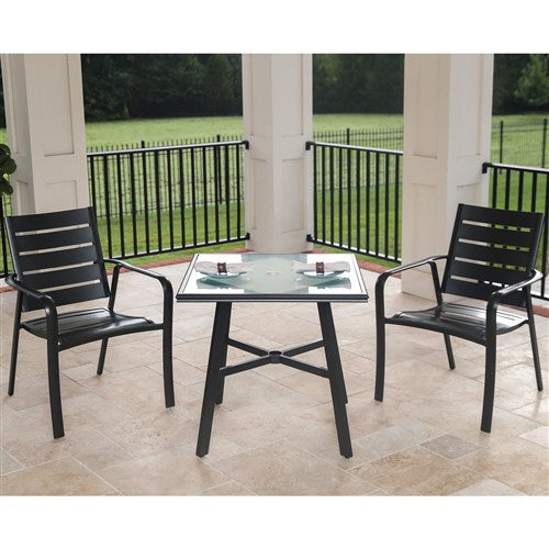 Hanover - Cortino 3pc Dining Set: 2 Aluminum Slat Dining Chairs and 1 30" Square Glass Table - Gunmetal-United Backyard