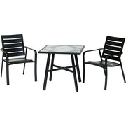 Hanover - Cortino 3pc Dining Set: 2 Aluminum Slat Dining Chairs and 1 30" Square Glass Table - Gunmetal-United Backyard