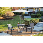 Hanover - Cortino 3pc Dining Set: 2 Slat Dining Chairs, 30" Sq Slat Table, Umbrella & Base - Gunmetal-United Backyard