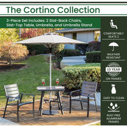 Hanover - Cortino 3pc Dining Set: 2 Slat Dining Chairs, 30" Sq Slat Table, Umbrella & Base - Gunmetal-United Backyard