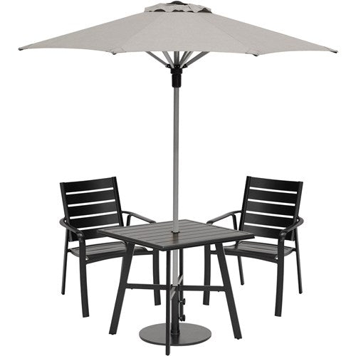 Hanover - Cortino 3pc Dining Set: 2 Slat Dining Chairs, 30" Sq Slat Table, Umbrella & Base - Gunmetal-United Backyard