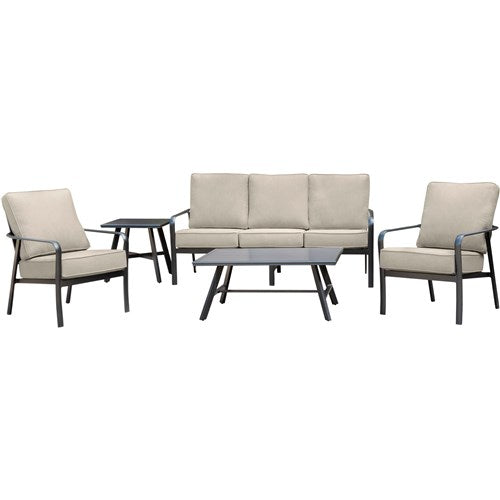 Hanover - Cortino 5pc: 2 Slat Back Club Chairs, Sofa, Slat Coffee Table, 22" Side Table - Cast Ash/Gunmetal-United Backyard