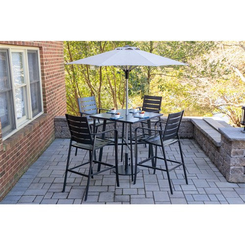 Hanover - Cortino 5pc Counter Height Dining: 4 Slat Chairs, 42" Slat Table, Umbrella & Base - Gunmetal-United Backyard