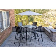Hanover - Cortino 5pc Counter Height Dining: 4 Slat Chairs, 42" Slat Table, Umbrella & Base - Gunmetal-United Backyard
