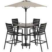 Hanover - Cortino 5pc Counter Height Dining: 4 Slat Chairs, 42" Slat Table, Umbrella & Base - Gunmetal-United Backyard