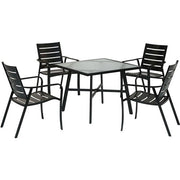 Hanover - Cortino 5pc Dining Set: 4 Alum Slat Dining Chairs and 1 38" Square Glass Table - Gunmetal-United Backyard