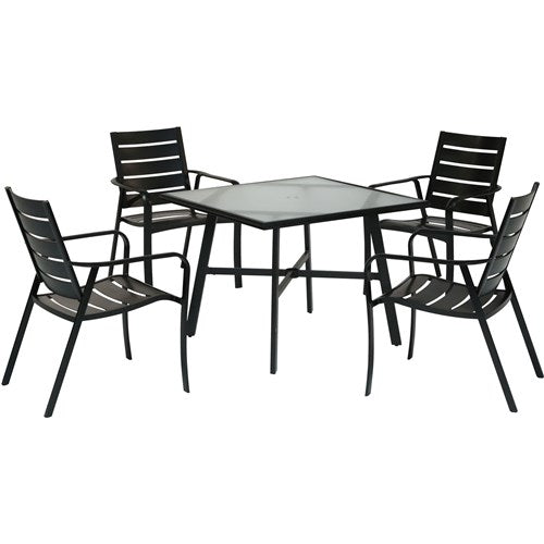 Hanover - Cortino 5pc Dining Set: 4 Alum Slat Dining Chairs and 1 38" Square Glass Table - Gunmetal-United Backyard