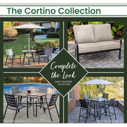 Hanover - Cortino 5pc Dining Set: 4 Slat Dining Chairs, 30" Sq Slat Table, Umbrella & Base - Gunmetal-United Backyard