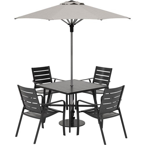 Hanover - Cortino 5pc Dining Set: 4 Slat Dining Chairs, 30" Sq Slat Table, Umbrella & Base - Gunmetal-United Backyard