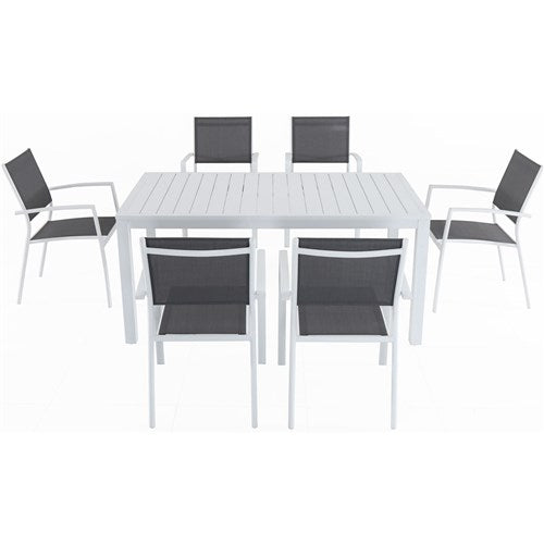 Hanover - Del Mar 7pc: 6 Aluminum Sling Chairs, 63x35" Aluminum Slat Table - White/White-United Backyard