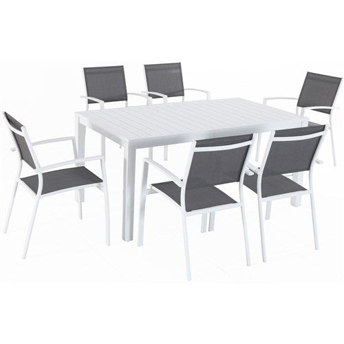 Hanover - Del Mar 7pc: 6 Aluminum Sling Chairs, 63x35" Aluminum Slat Table - White/White-United Backyard