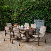 Hanover - Fairhope 7pc Dining Set: 6 Padded Sling Chairs and 74"x40" Tressle Table - Tan-United Backyard