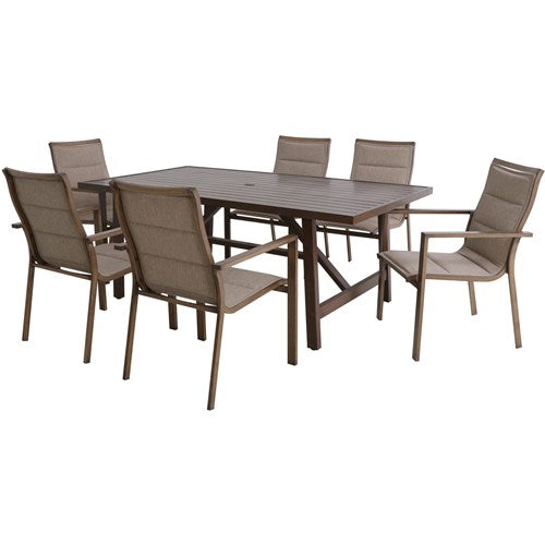 Hanover - Fairhope 7pc Dining Set: 6 Padded Sling Chairs and 74"x40" Tressle Table - Tan-United Backyard