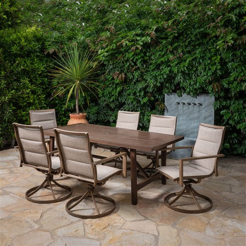 Hanover - Fairhope 7pc Dining Set: 6 Swivel Chairs and 74x40 Tressle Table - Tan-United Backyard