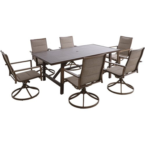 Hanover - Fairhope 7pc Dining Set: 6 Swivel Chairs and 74x40 Tressle Table - Tan-United Backyard
