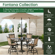 Hanover - Fontana 5pc: 4 Counter Height Swivel Sling Chairs, 42" Sq Table, Umbrella, Base - Tan/Bronze-United Backyard