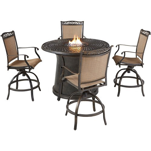 Hanover - Fontana 5pc: 4 Counter Height Swivel Sling Chairs, 48" Cast Fire Pit Table - Tan/Bronze-United Backyard