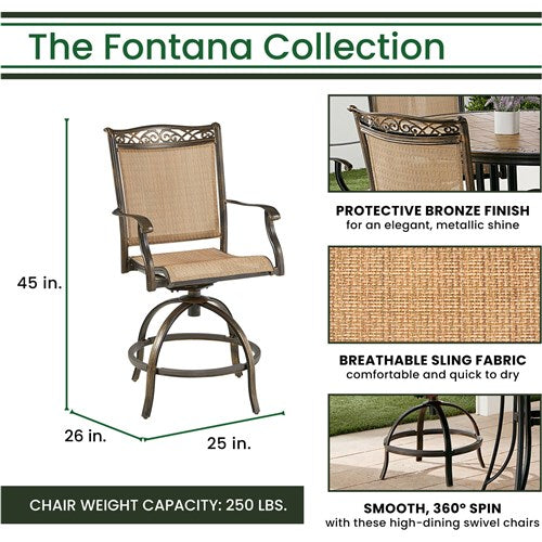 Hanover - Fontana 5pc: 4 Counter Height Swivel Sling Chairs, 56" Round Cast Table - Tan/Bronze-United Backyard