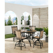 Hanover - Fontana 5pc: 4 Counter Height Swivel Sling Chairs, 56" Round Tile Table - Tan/Bronze-United Backyard