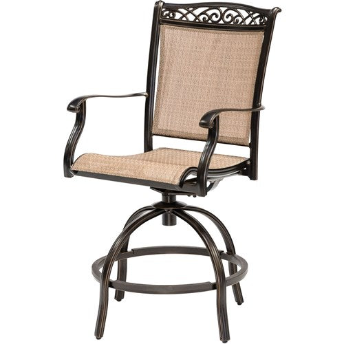 Hanover - Fontana 5pc: 4 Counter Height Swivel Sling Chairs, 56" Round Tile Table - Tan/Bronze-United Backyard