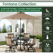 Hanover - Fontana 5pc: 4 Counter Height Swivel Sling Chrs, 56" Cast Table, Umbrella, Base - Tan/Bronze-United Backyard