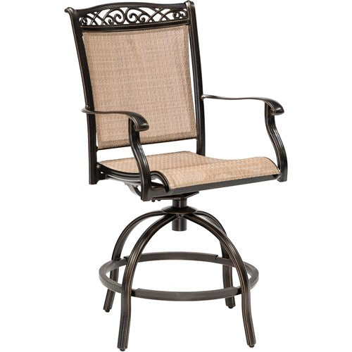 Hanover - Fontana 5pc: 4 Counter Height Swivel Sling Chrs, 56" Cast Table, Umbrella, Base - Tan/Bronze-United Backyard