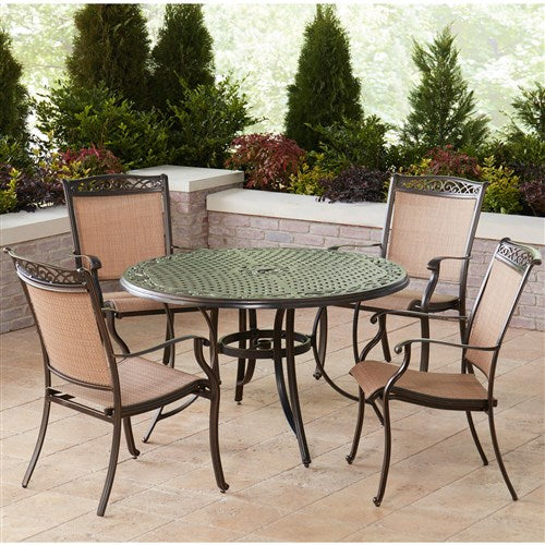 Hanover - Fontana 5pc: 4 Sling Dining Chairs and 48" Cast Table - Tan/Bronze-United Backyard