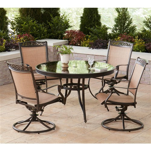 Hanover - Fontana 5pc: 4 Sling Swivel Rockers, 48" Round Glass Top Table - Tan Sling/Glass-United Backyard