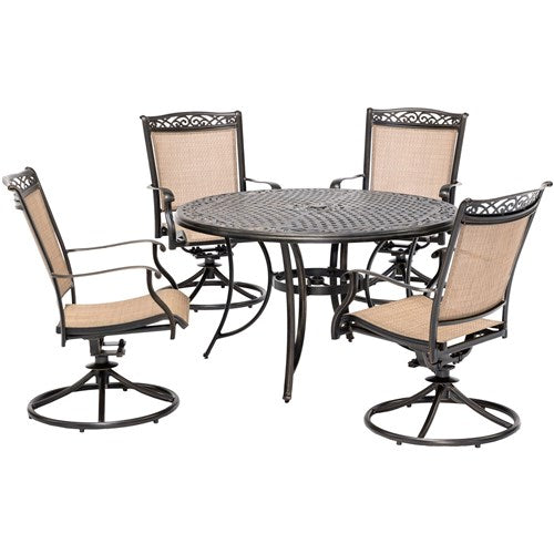 Hanover - Fontana 5pc: 4 Sling Swivel Rockers and 48" Cast Table - Tan/Bronze-United Backyard