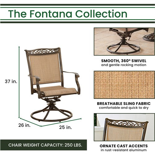 Hanover - Fontana 5pc Fire Pit: 4 Sling Swivel Rockers, Square KD Fire Pit w/Tile - Tan Sling/Tile-United Backyard