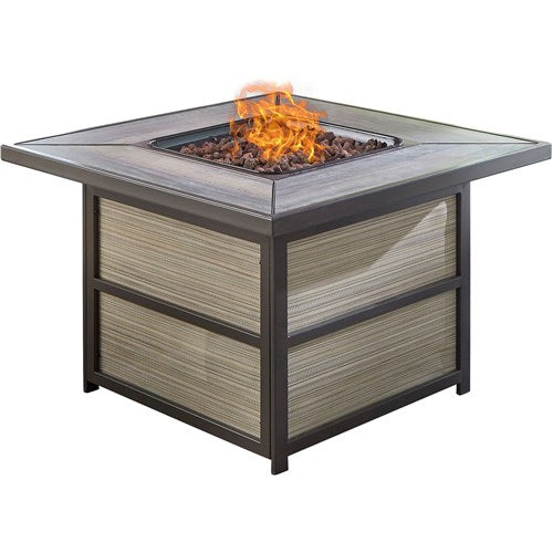 Hanover - Fontana 5pc Fire Pit: 4 Sling Swivel Rockers, Square KD Fire Pit w/Tile - Tan Sling/Tile-United Backyard