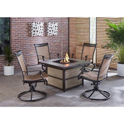 Hanover - Fontana 5pc Fire Pit: 4 Sling Swivel Rockers, Square KD Fire Pit w/Tile - Tan Sling/Tile-United Backyard