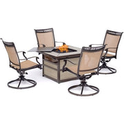 Hanover - Fontana 5pc Fire Pit: 4 Sling Swivel Rockers, Square KD Fire Pit w/Tile - Tan Sling/Tile-United Backyard