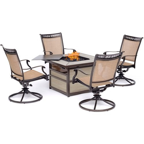 Hanover - Fontana 5pc Fire Pit: 4 Sling Swivel Rockers, Square KD Fire Pit w/Tile - Tan Sling/Tile-United Backyard