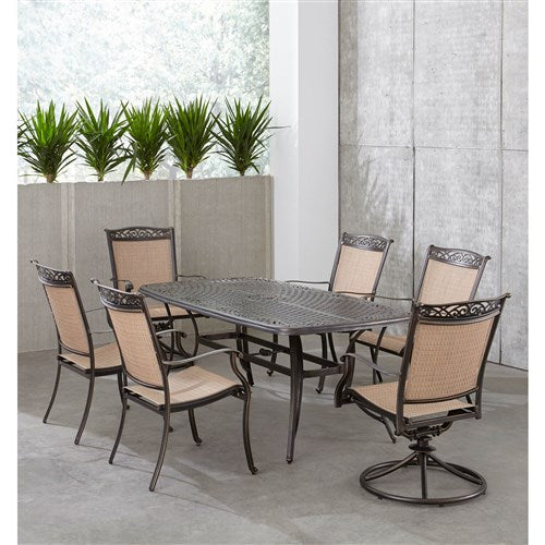 Hanover - Fontana 7pc: 4 Dining Chairs, 2 Swivel Rockers, 38"x72" Cast Table - Tan/Bronze-United Backyard