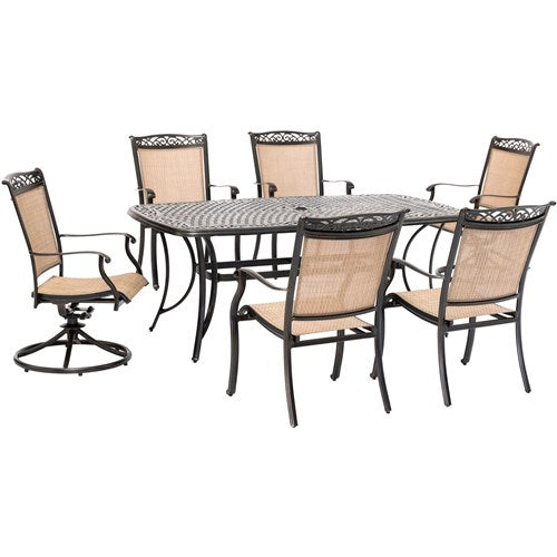 Hanover - Fontana 7pc: 4 Dining Chairs, 2 Swivel Rockers, 38"x72" Cast Table - Tan/Bronze-United Backyard