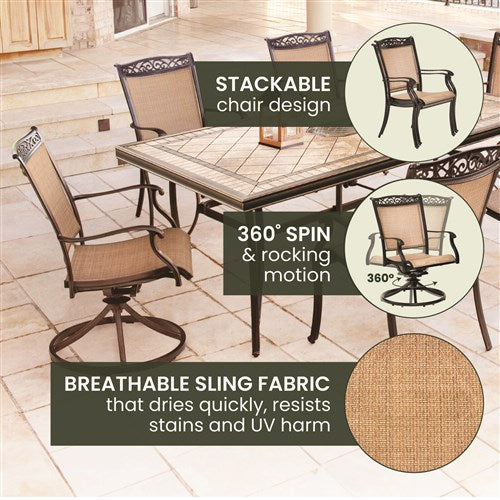 Hanover - Fontana 7pc: 4 Sling Dining Chairs, 2 Sling Swivel Rockers, 40x68" Tile Table- Tan Sling/Tile-United Backyard