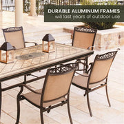Hanover - Fontana 7pc: 4 Sling Dining Chairs, 2 Sling Swivel Rockers, 40x68" Tile Table- Tan Sling/Tile-United Backyard