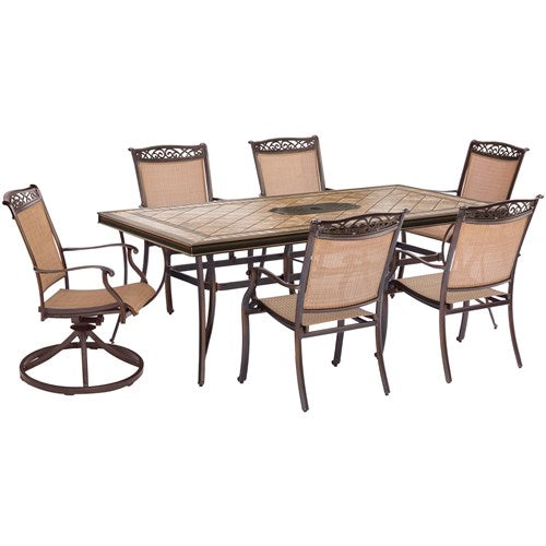 Hanover - Fontana 7pc: 4 Sling Dining Chairs, 2 Sling Swivel Rockers, 40x68" Tile Table- Tan Sling/Tile-United Backyard