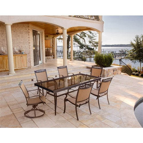 Hanover - Fontana 7pc: 4 Sling Dining Chairs, 2 Sling Swivel Rockers, 42x84" Table - Tan Sling/Glass-United Backyard