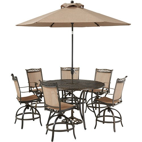 Hanover - Fontana 7pc: 6 Counter Height Swivel Sling Chairs, 56" Cast Table, Umbrella, Base - Tan/Bronze-United Backyard