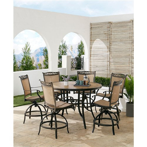 Hanover - Fontana 7pc: 6 Counter Height Swivel Sling Chairs, 56" Round Tile Table- Tan/Bronze-United Backyard