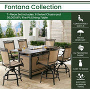 Hanover - Fontana 7pc: 6 Counter Hght Swivel Sling Chairs, Slat Fire Pit Table - Tan/Bronze-United Backyard