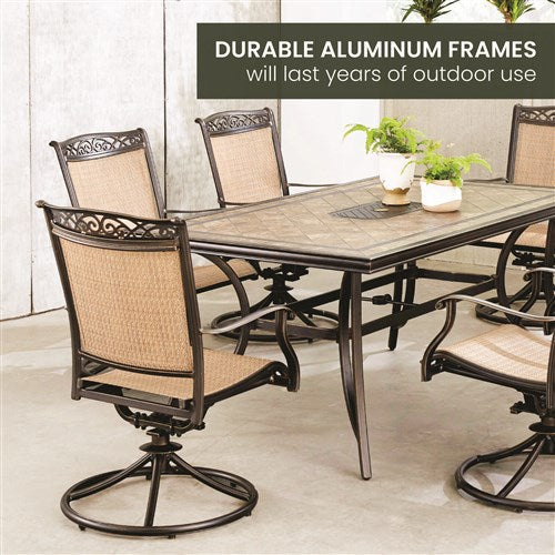 Hanover - Fontana 7pc: 6 Sling Swivel Rockers, 40x68" Tile Top Table - Tan Sling/Tile-United Backyard