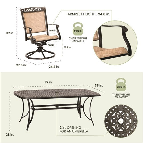 Hanover - Fontana 7pc: 6 Sling Swivel Rockers and 38"x72" Cast Table - Tan/Bronze-United Backyard